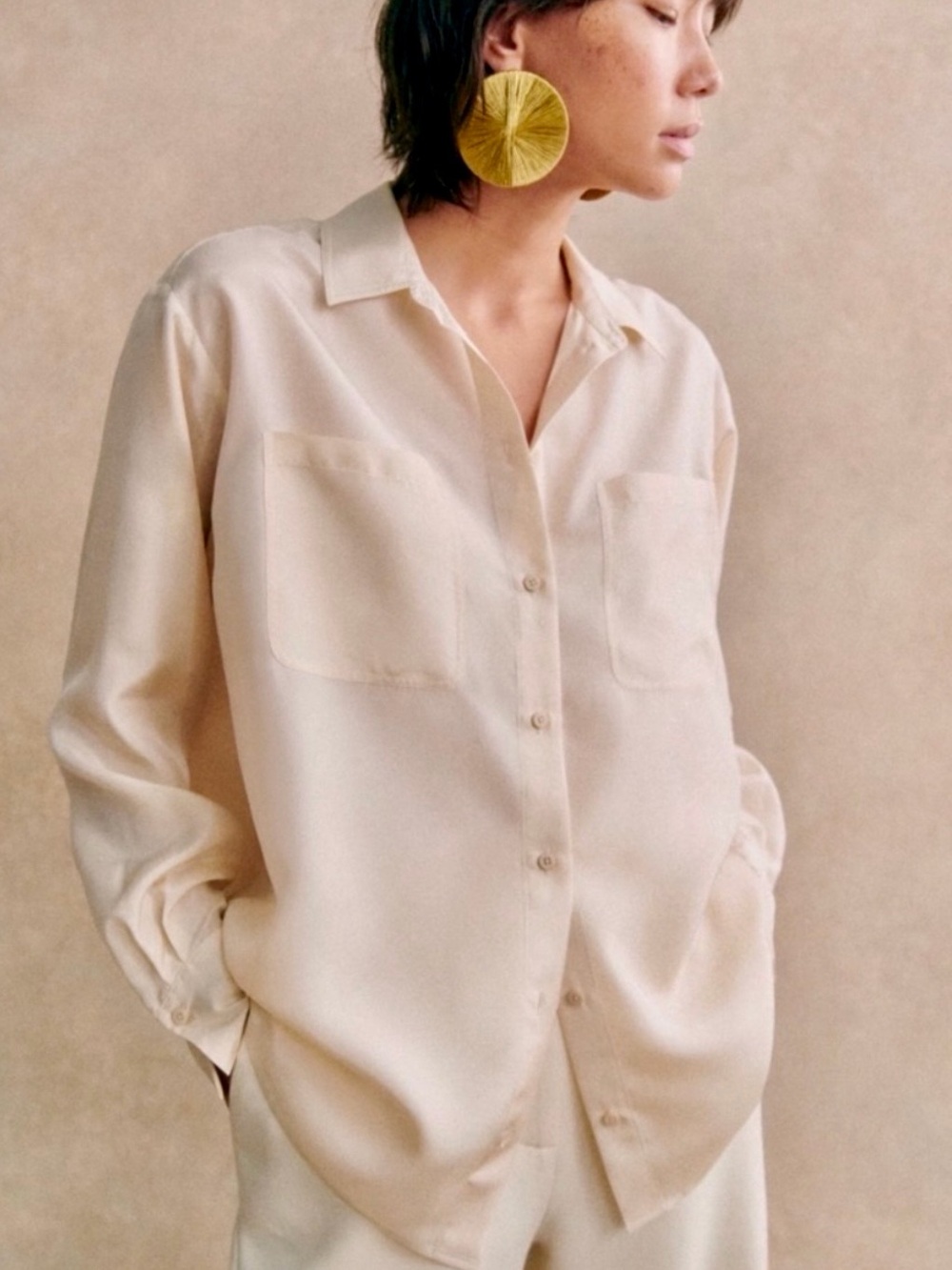 Sézane Maxence Silk Shirt 42 US 10 Ivory Button Down Oversized Worn Once